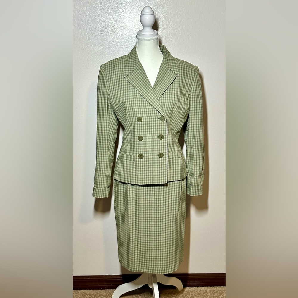 Le Suit Green Checkered Skirt Suit